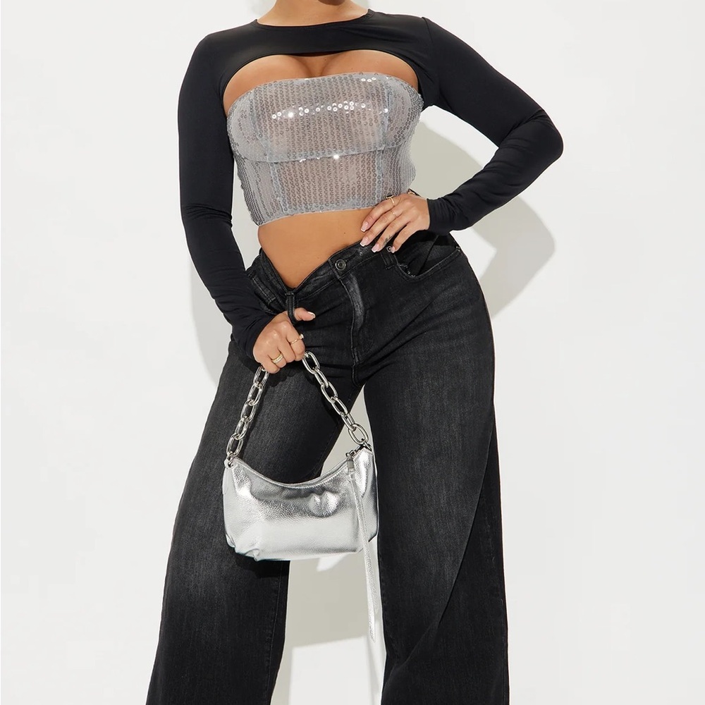 Fashion Nova Black and Silver Sequin Top